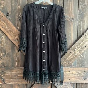 Club collection gauzy crochet swim beach cover up with pearl buttons M